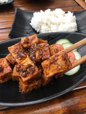 Caramelized lemongrass tofu - one of my favorite dishes in SE Asia  at Bamboo Chopsticks in Phong Nha