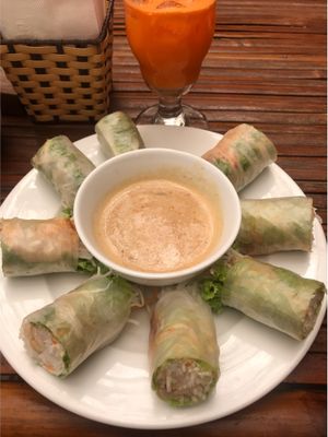 Fresh veggie spring rolls and peanut sauce  at Bamboo Chopsticks in Phong Nha
