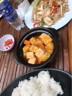 Tofu curry & stir fried vegetables and noodles  at Bamboo Chopsticks in Phong Nha