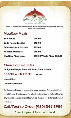 Example of the weekly menu (changes every week) at MuuRaw Vegan in Charlotte