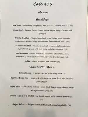 Breakfast menu at Cafe 435 in Pascoe Vale