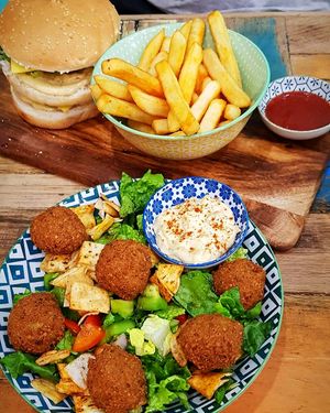 The Big Burger & Fattoush Saladwiith Falafels at Cafe 435 in Pascoe Vale