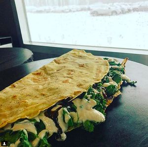 Tasty Greens crepe getting hot on the griddle at Crepe Hearts - Food Truck in San Francisco