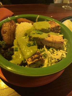 Rice bowl with tofu bean plantain and cabbage  at Hula's Island Grill in Santa Cruz