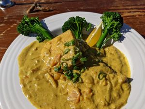 Yellow curry with tofu at Hula's Island Grill in Santa Cruz