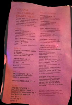 Vegan/vegetarian menu at Hula's Island Grill in Santa Cruz