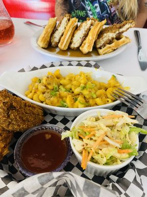 Chicken and waffles and the Southern plate  at The Planet Diner in Stratford