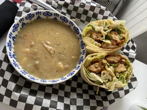 Potato leek soup and Buffalo wing wraps  at The Planet Diner in Stratford