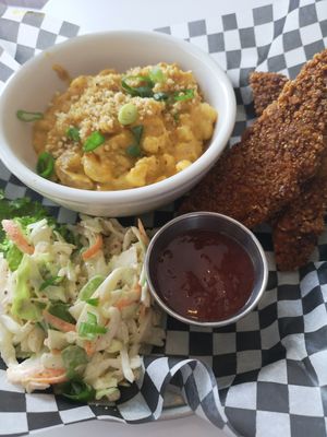 Southern Combo: cabbage and Apple slaw, Mac and Cheese and chick'n fingers with  house-made BBQ sauce at The Planet Diner in Stratford