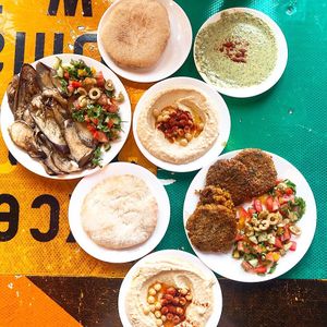 Falafel chickpeas and sabich eggplants set at Pita and Olives in Central Singapore