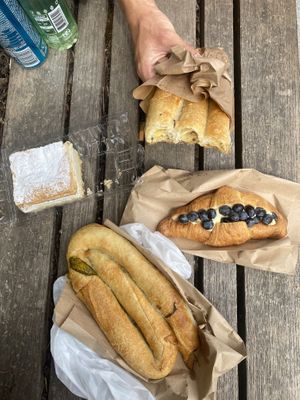 Potato burek, spinach burek, croissant and cream cake   at PiranArt Sameja in Ljubljana