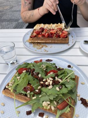 I had AVOCADO VEGAN WAFFLE from the menu  and my partner composed her own one from the compose your own waffle menu😄  at Cafe Waffle in Prague