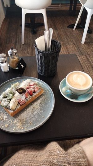 Vegan waffle and chai latte with soya milk at Cafe Waffle in Prague