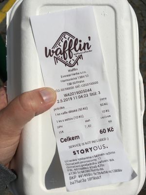 Bill for a vegan waffle with no toppings at Cafe Waffle in Prague