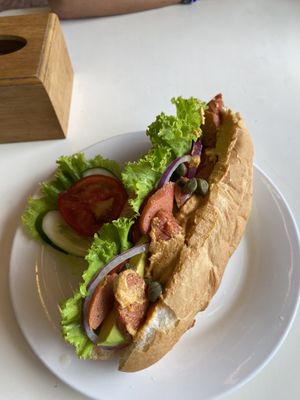 Avocado baguette with added vegan sausage  at Like Coffee in Cat Ba