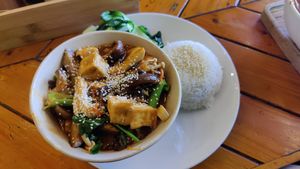 Braised tofu with rice at Like Coffee in Cat Ba