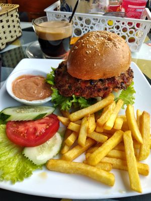 Black bean burger and fries. at Like Coffee in Cat Ba