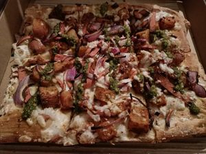 Vegan amatriderci pizza at Arrivederci Pizzeria in Milton