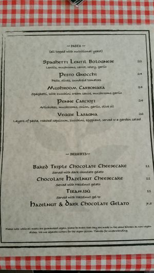 vegan menu 2 at Arrivederci Pizzeria in Milton