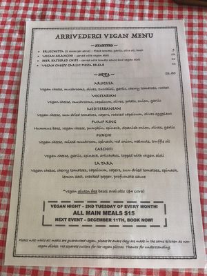 Vegan menu at Arrivederci Pizzeria in Milton