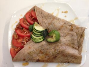 buckwheat crepe with tomato, spinach, avocado, pecans at Hibiscus in Toronto