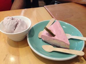 Rainbow cheesecake and raspberry ice cream at Hibiscus in Toronto