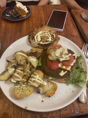 Lentil burger with fries  at Cafe Lurathapi Vegan Food - Maybe closed in La Paz