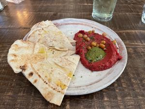Beetroot and ras el hanout hummus, pumpkin seeds pesto starter  at The Boars Head in Walgherton