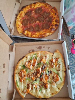Pepperoni without cheese and buffalo cauliflower pizza at Virtuous Pie - UBC in Vancouver