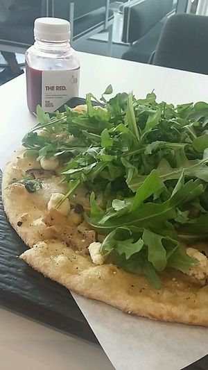 Superfunghi pizza and Red juice at Virtuous Pie - UBC in Vancouver
