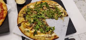 SuperFunghi pizza -so delicious we ate a piece before remembering to take a pic at Virtuous Pie - UBC in Vancouver