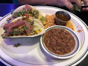 Crusty avocado tacos. Hubby had these and they were great.  They could definitely use more vegan options but what we did have was very tasty!! at Plaza Cafe in Santa Fe