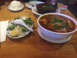 Spicy noodles and Mama clay pot  at Merit Vegan Restaurant in Sunnyvale