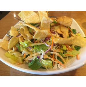 salad (I believe it was satay salad) w crispy won ton chips  at Merit Vegan Restaurant in Sunnyvale