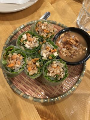 Spring rolls with peanut sauce   at Merit Vegan Restaurant in Sunnyvale