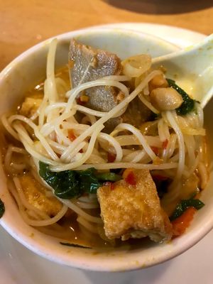 Curry Thai noodle soup  at Merit Vegan Restaurant in Sunnyvale