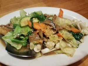 Vegetable stir fry in light garlic sauce (tasty) at Merit Vegan Restaurant in Sunnyvale