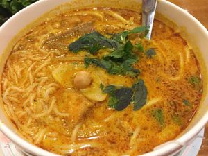 Coconut curry noodle soup  at Merit Vegan Restaurant in Sunnyvale