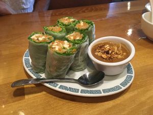 Spring rolls with peanut sauce at Merit Vegan Restaurant in Sunnyvale