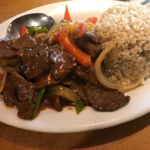Pineapple beef with rice at Merit Vegan Restaurant in Sunnyvale