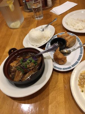 Pot sticker, eggplant tofu clay pot at Merit Vegan Restaurant in Sunnyvale