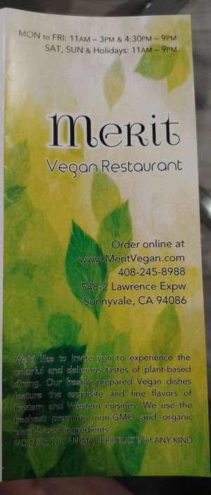 Menu 1 of 6 at Merit Vegan Restaurant in Sunnyvale