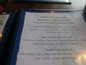 Their "blue zone" menu with plant based meals is on the back page of their regular menu at Riverwalk at Tin City in Naples