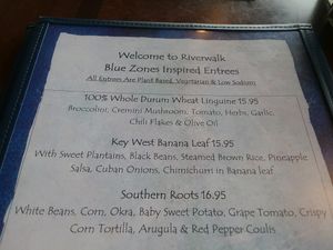 Blue Zones plant based meals on back page of menu at Riverwalk at Tin City in Naples