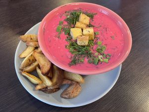 Cold beets soup  at RoseHip Vegan Kebabs in Vilnius