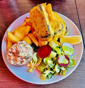 Tofish and chips   at RoseHip Vegan Kebabs in Vilnius