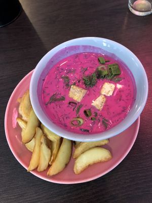 Cold beetroot soup - Šaltibarščiai, with tofu and kala namak, it seemed  at RoseHip Vegan Kebabs in Vilnius
