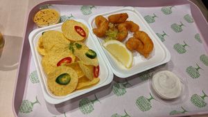 Nachos and "shrimp" at RoseHip Vegan Kebabs in Vilnius