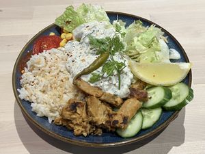 Bowl with Not Chicken and rice  at RoseHip Vegan Kebabs in Vilnius