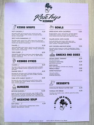 English menu- foodd  at RoseHip Vegan Kebabs in Vilnius